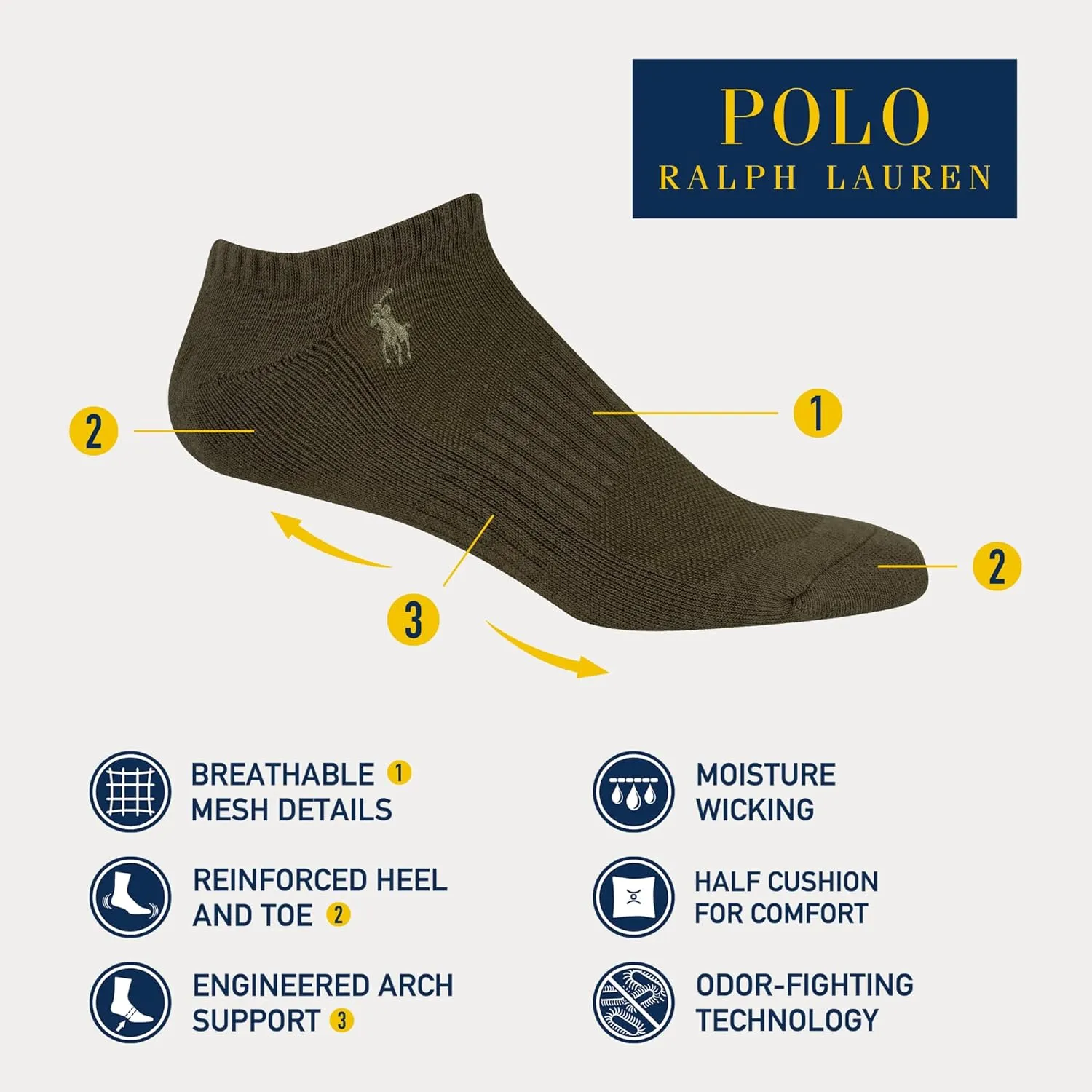 POLO RALPH LAUREN mens Athletic Performance Cotton Low Cut Socks - 6 Pair Pack - Moisture Wicking Mesh