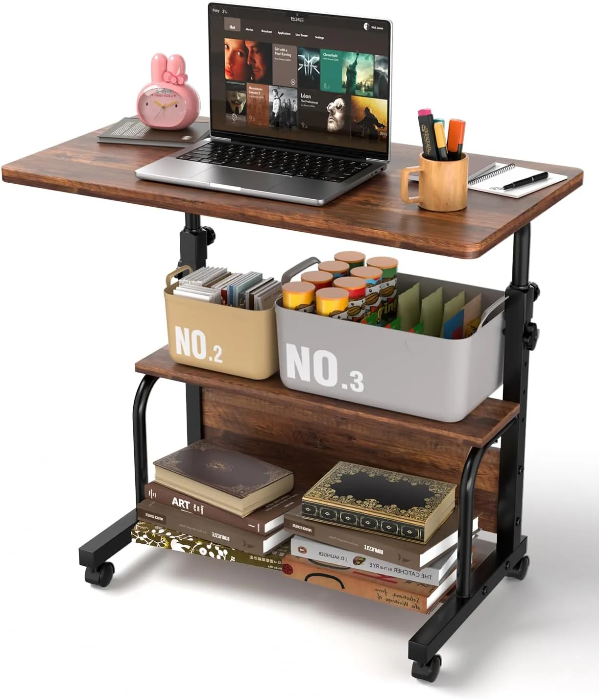 Portable Rolling Desk on Wheels Small Standing Desk Adjustable Height Desks with Wheels for Small Spaces, 32" Computer Desks with Storage Shelves for Home Office Study Rustic
