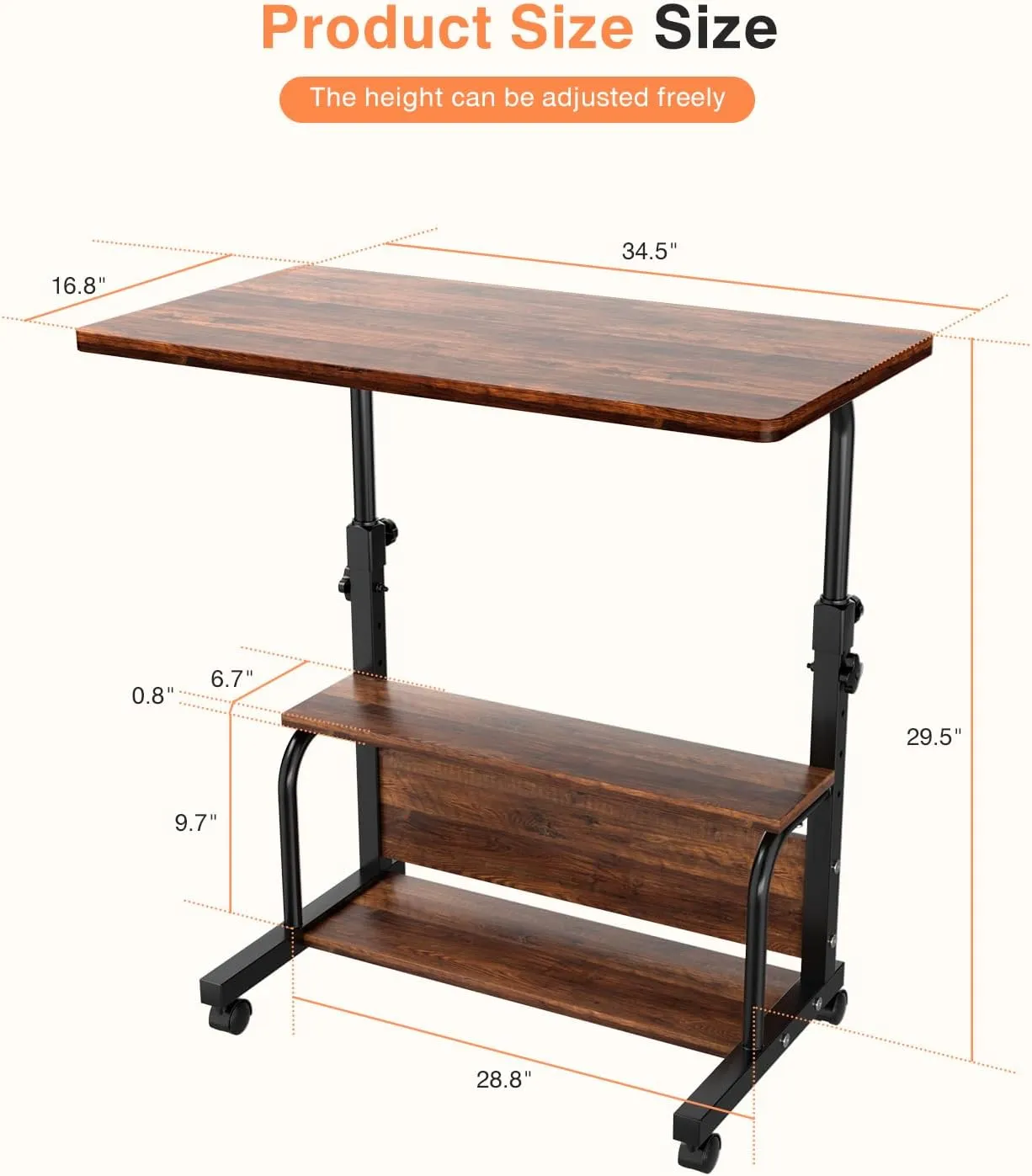 Portable Rolling Desk on Wheels Small Standing Desk Adjustable Height Desks with Wheels for Small Spaces, 32" Computer Desks with Storage Shelves for Home Office Study Rustic