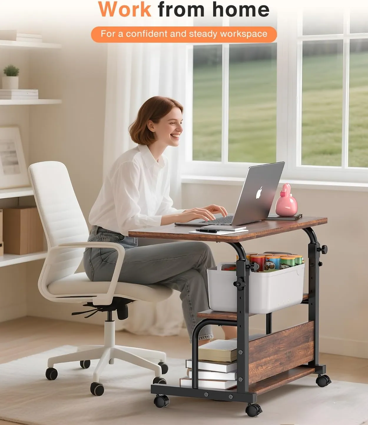Portable Rolling Desk on Wheels Small Standing Desk Adjustable Height Desks with Wheels for Small Spaces, 32" Computer Desks with Storage Shelves for Home Office Study Rustic