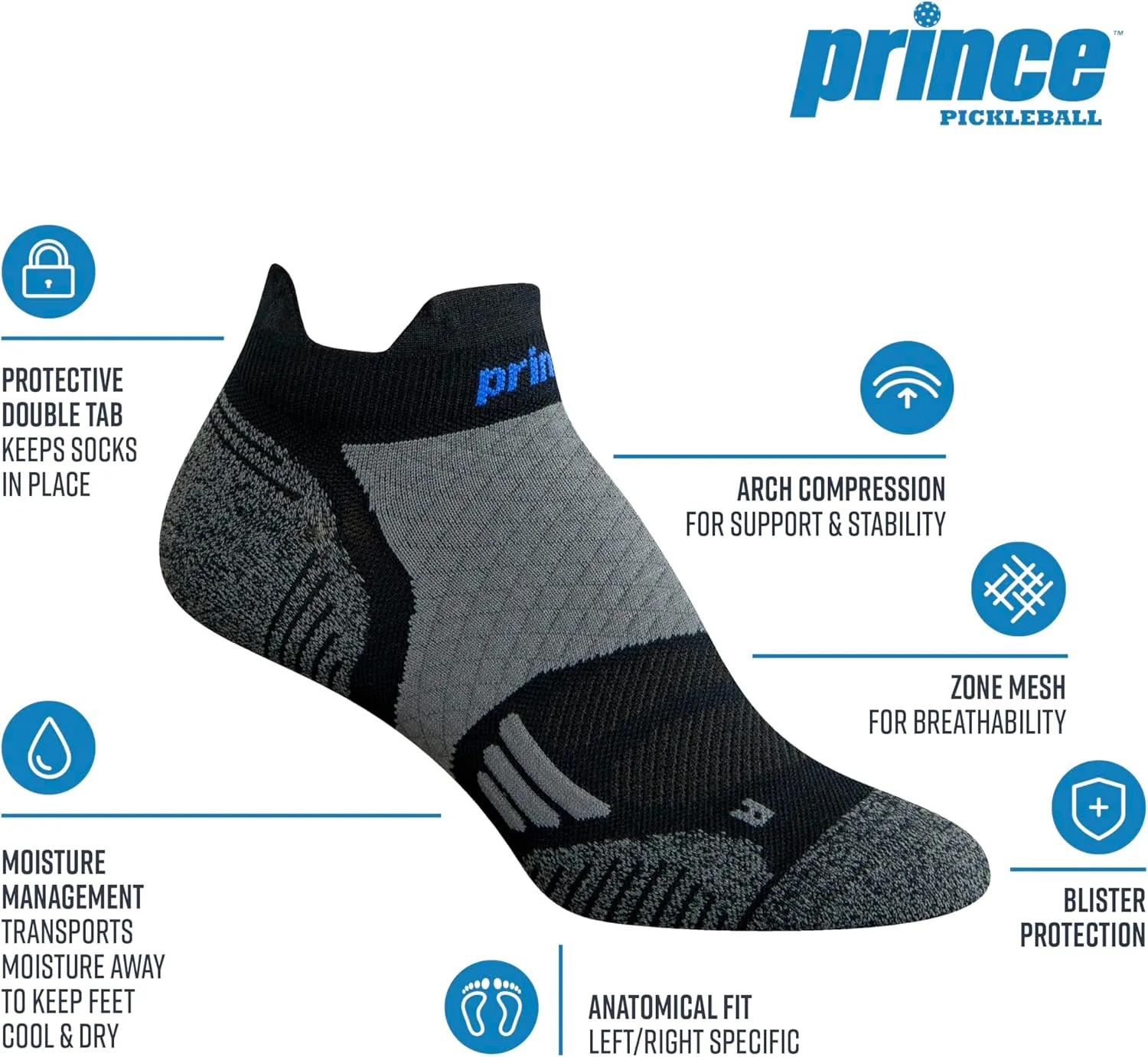 Prince Durable Comfortable Athletic Low Cut Compression Ankle Socks for Pickleball Running Walking Cycling Men Women 3 Pack