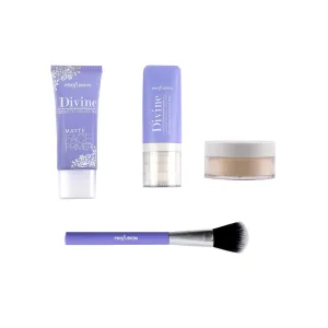 Profusion Cosmetics Divine Face Perfecting Foundation Kit, Including 1 Matte Face Primer, Foundation, Powder, Tapered Brush for Flawless Makeup