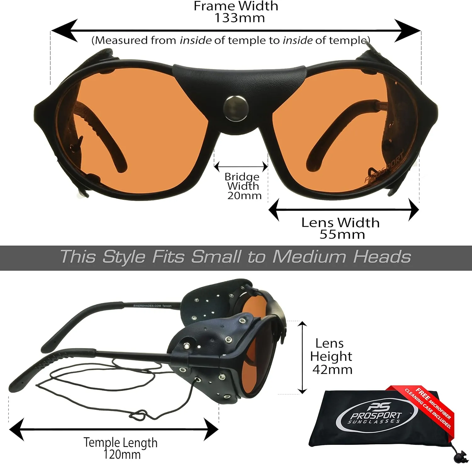 proSPORT Glacier Sunglasses Leather Side Shields for Motorcycle Mountaineering Ski, Yellow Night Vision Lenses HD Lens String