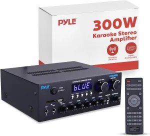 Pyle Wireless Bluetooth Streaming Amplifier, 300W Multi Channel Home Audio Receiver System with HDMI in/Out, Optical/Coaxial, FM Radio, USB/SD, AUX, RCA, Mic in, and BT/FM Antenna, 10.2”x9.8”x2.8”