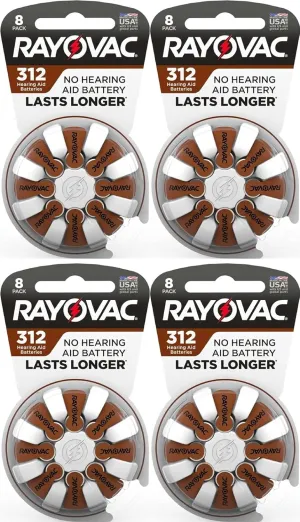 Rayovac Hearing Aid Batteries Size 312 for Advanced Hearing Aid Devices, 8 Count (Pack of 4)