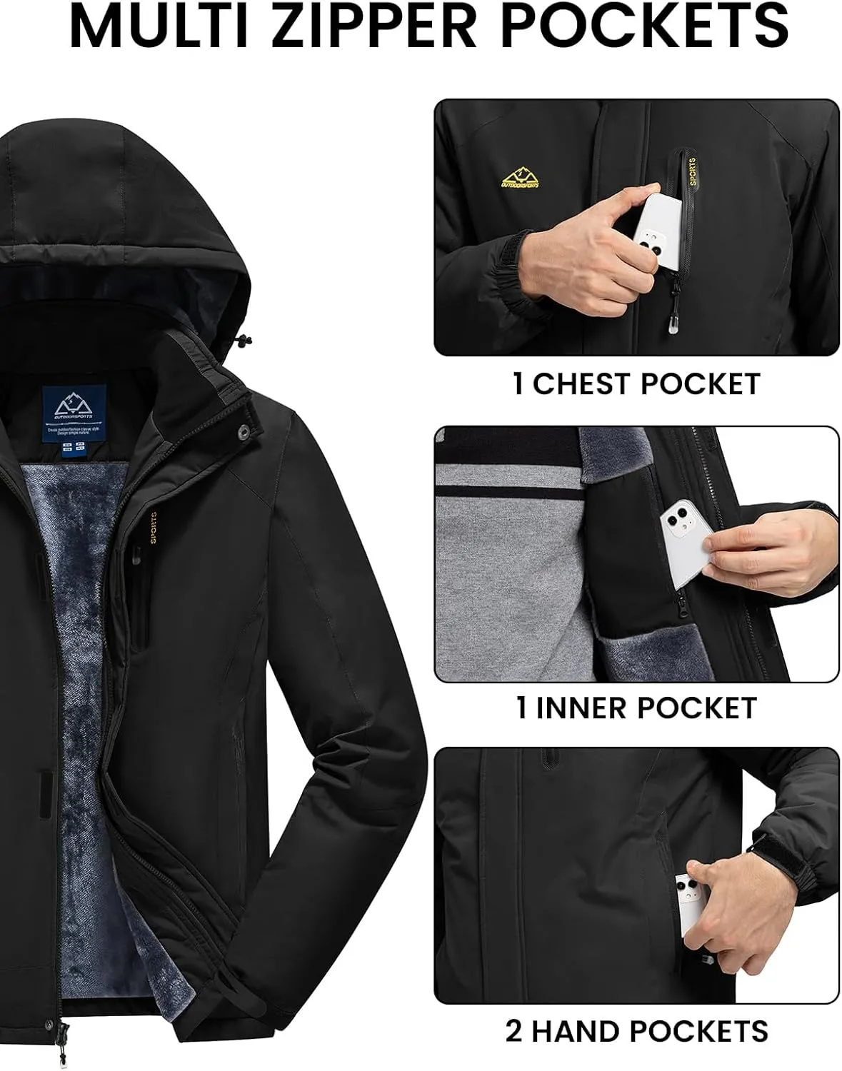 Rdruko Men's Ski Snow Jacket Waterproof Winter Insulated Fleece Hooded Outdoor Mountain Coat