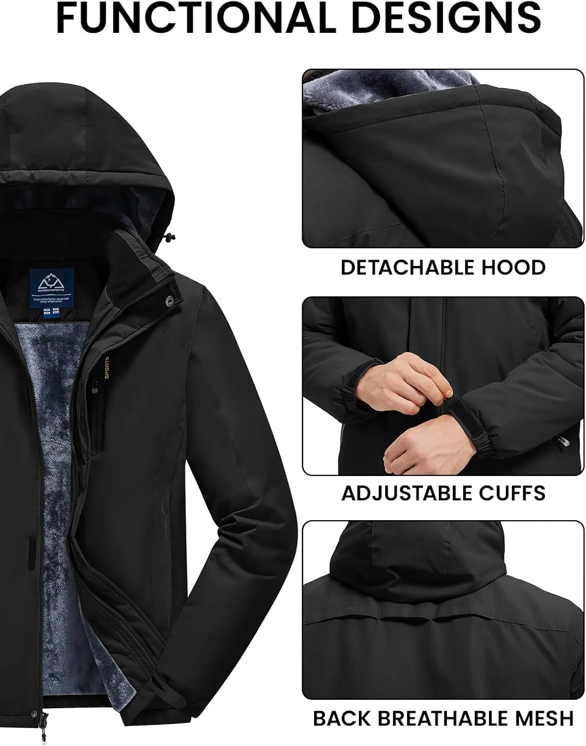 Rdruko Men's Ski Snow Jacket Waterproof Winter Insulated Fleece Hooded Outdoor Mountain Coat