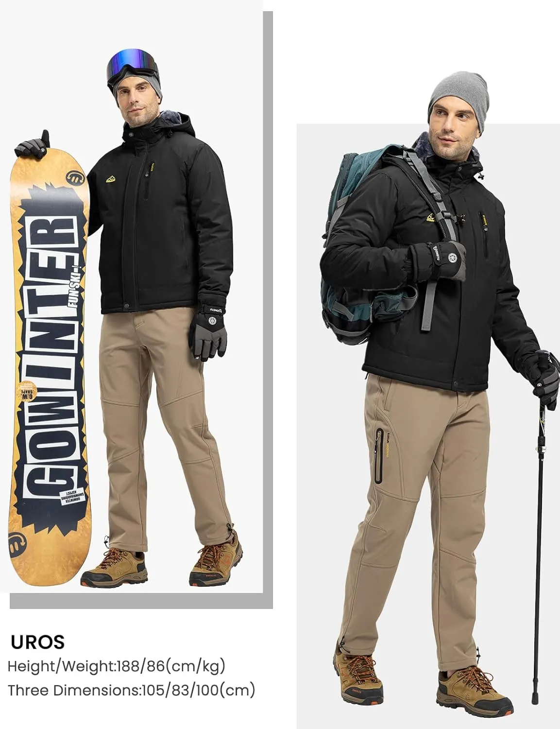 Rdruko Men's Ski Snow Jacket Waterproof Winter Insulated Fleece Hooded Outdoor Mountain Coat