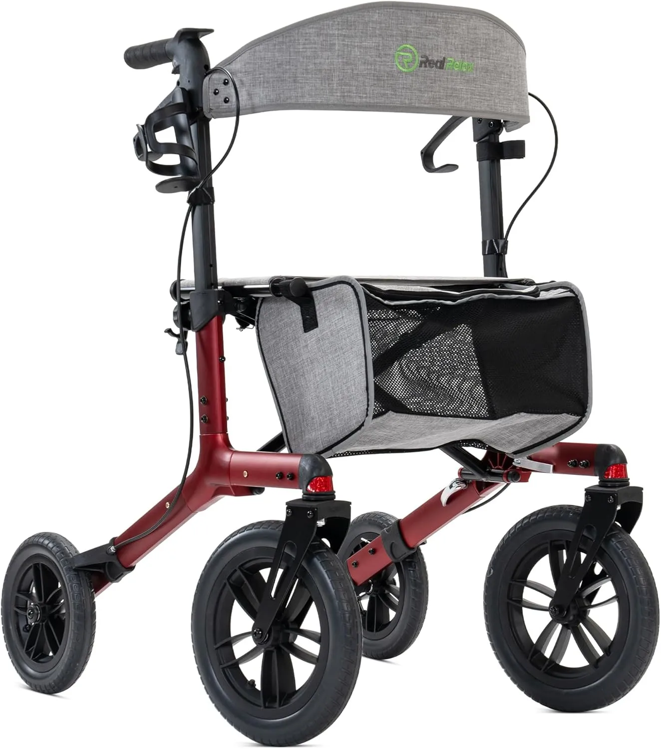 Real Relax All-Terrain Rollator with Seat, Outdoor Off Road Rolling Walker, Compact Folding, with 12” Non-Pneumatic Wheels, Storage Bag, for Seniors, Burgundy