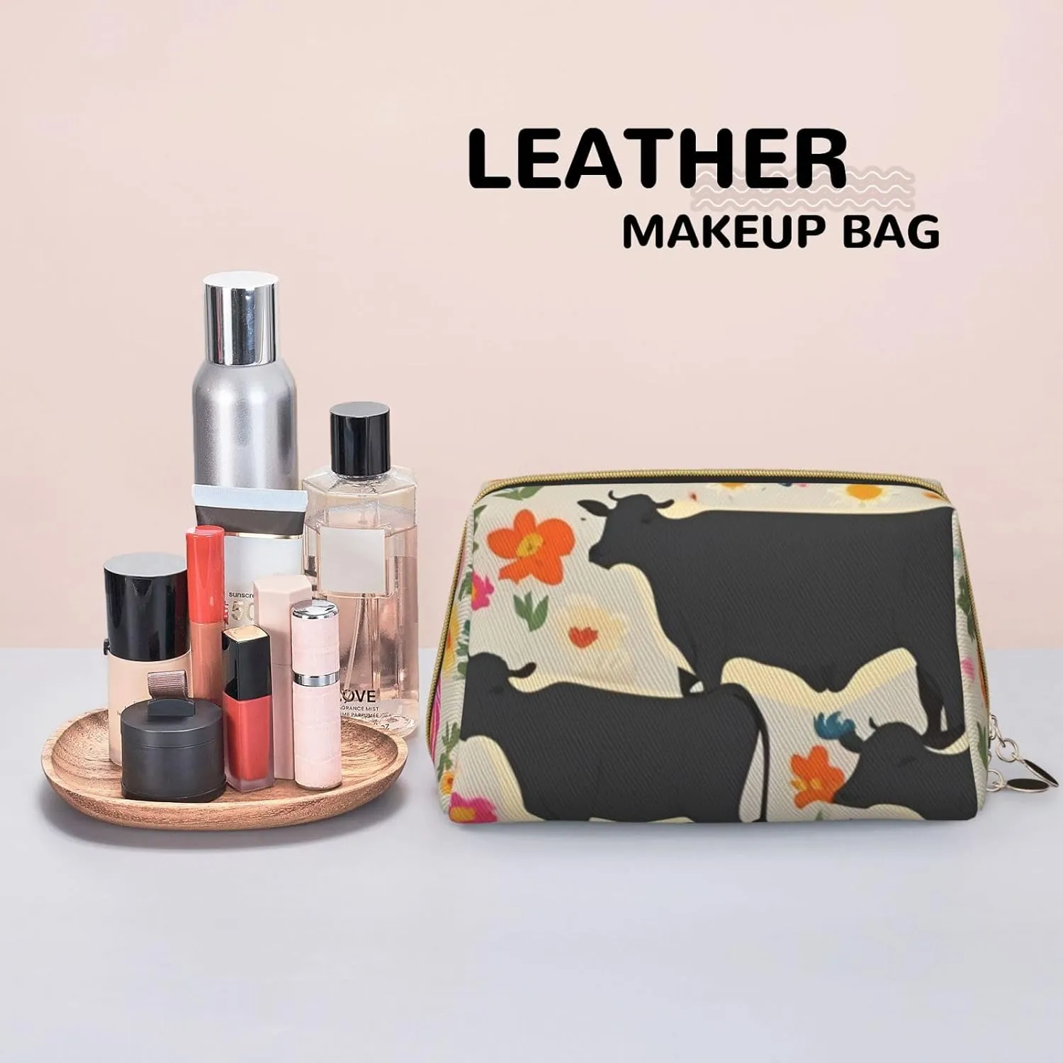 Red Flower Cows Cattle Toiletry Pouch, Travel-Friendly Makeup Organizer For Makeup Brushes, Lipsticks