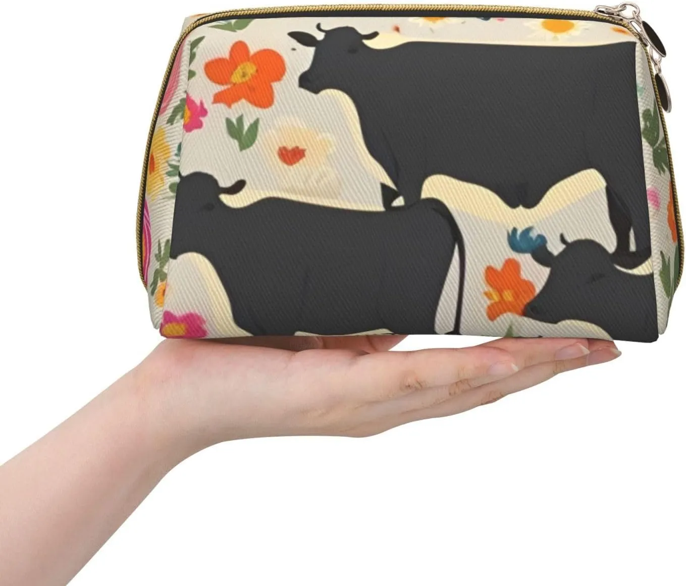 Red Flower Cows Cattle Toiletry Pouch, Travel-Friendly Makeup Organizer For Makeup Brushes, Lipsticks