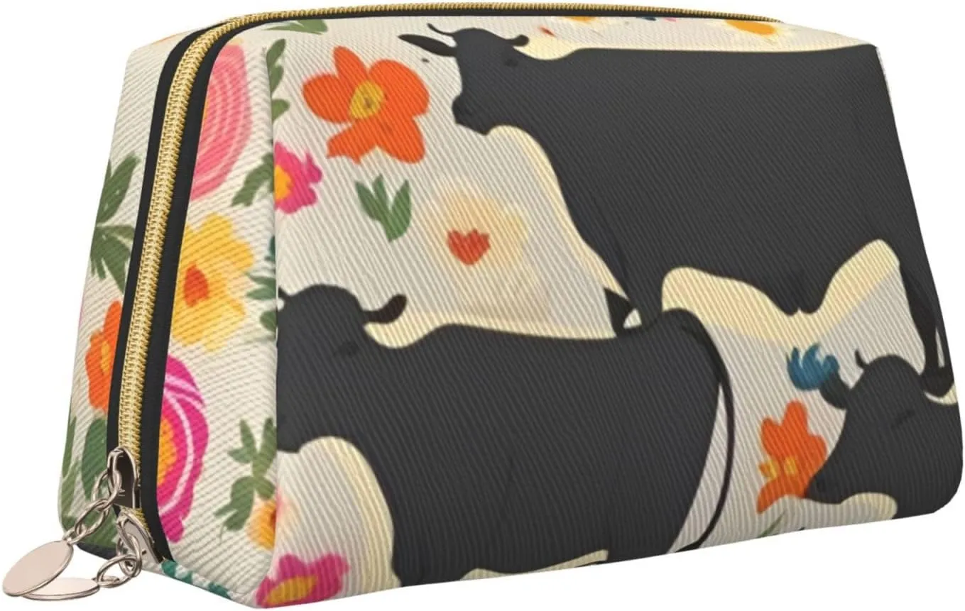 Red Flower Cows Cattle Toiletry Pouch, Travel-Friendly Makeup Organizer For Makeup Brushes, Lipsticks