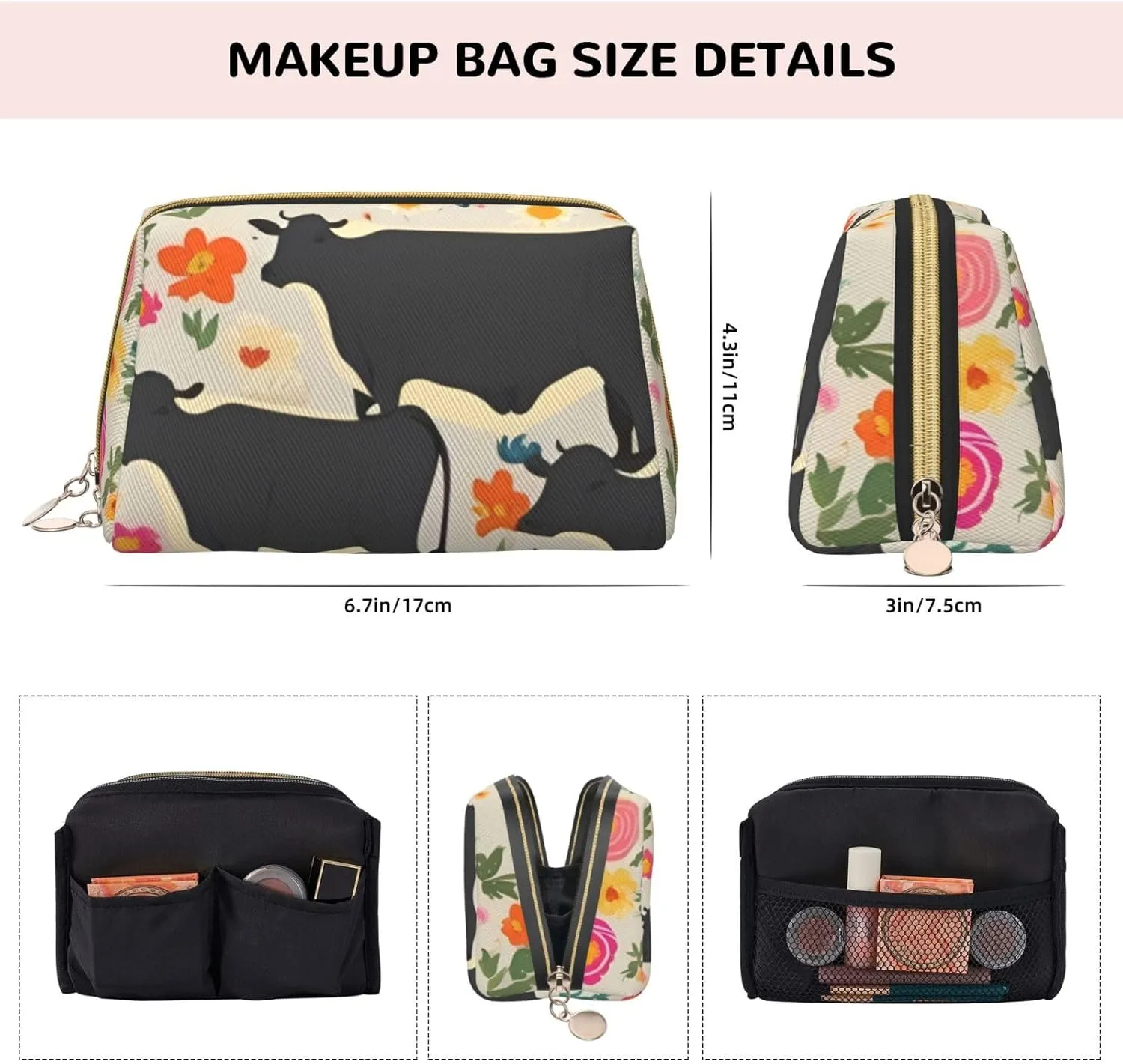 Red Flower Cows Cattle Toiletry Pouch, Travel-Friendly Makeup Organizer For Makeup Brushes, Lipsticks