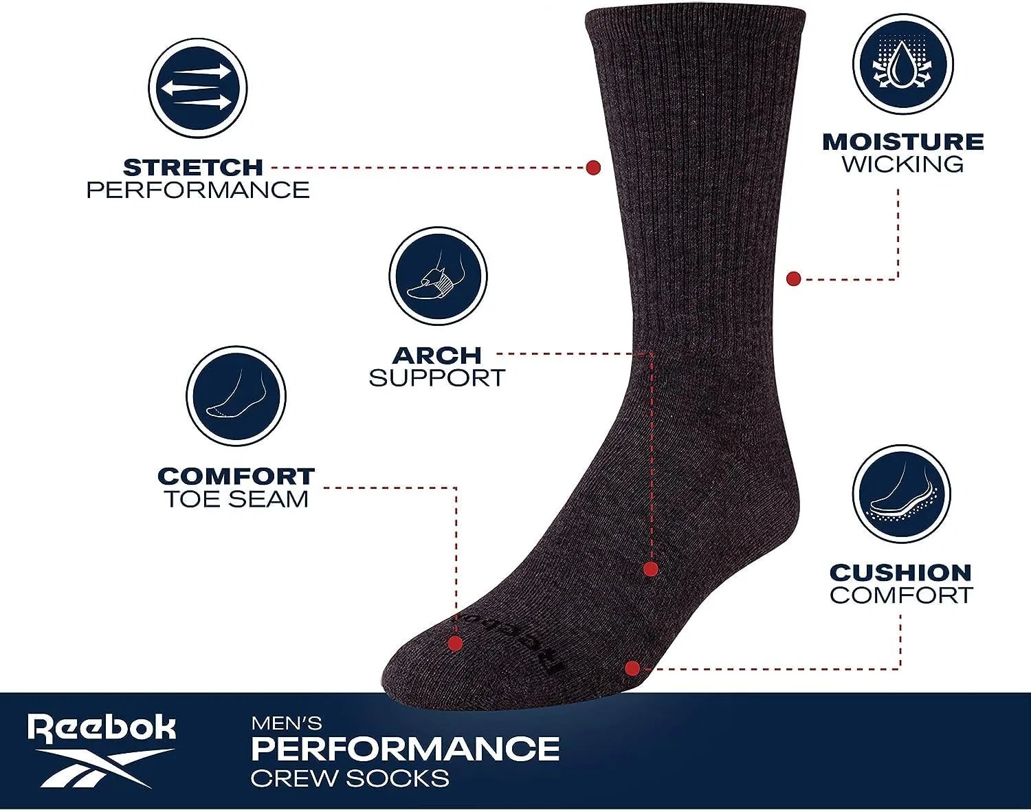 Reebok Men's Crew Socks - 10 Pack Mid-Calf Performance Cushion Comfort Crew Socks - Athletic Socks for Men (6-12.5)