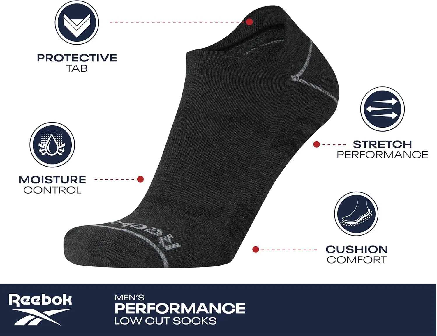 Reebok Men's Low Cut Tab Socks - 6 Pack Soft Comfort Anti-Blister Thick Ankle Athletic No Show (6-12.5)