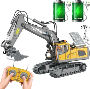 Remote Control Excavator Toy for Boys 4-7, RC Excavator 680-degree Turns with Metal Shovel Lights & Sounds and 2 Batteries,Construction Toys Best Birthday Gifts for Boys 6 7 8 9 10 11 Year Old