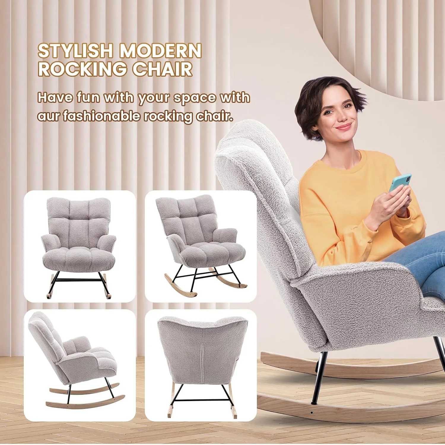 Rocking Chair Nursery Teddy, Upholstered Baby Fluffy Glider Rocker for Adults Small Spaces Indoor, Comfy Sherpa Compact Nursing Chairs for Living Room, Bedroom, Classroom, Grey