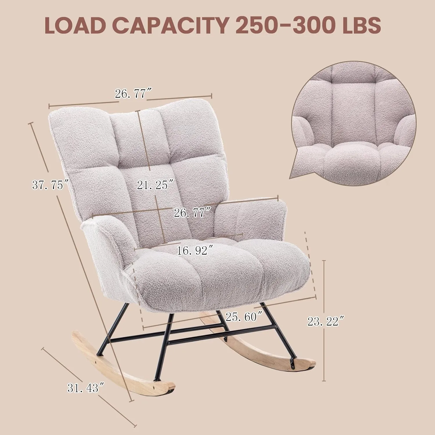 Rocking Chair Nursery Teddy, Upholstered Baby Fluffy Glider Rocker for Adults Small Spaces Indoor, Comfy Sherpa Compact Nursing Chairs for Living Room, Bedroom, Classroom, Grey