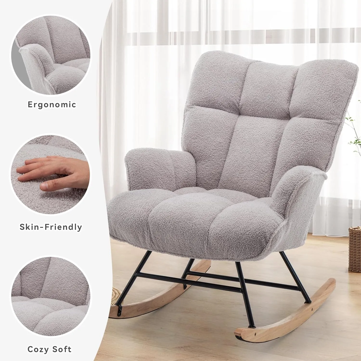 Rocking Chair Nursery Teddy, Upholstered Baby Fluffy Glider Rocker for Adults Small Spaces Indoor, Comfy Sherpa Compact Nursing Chairs for Living Room, Bedroom, Classroom, Grey