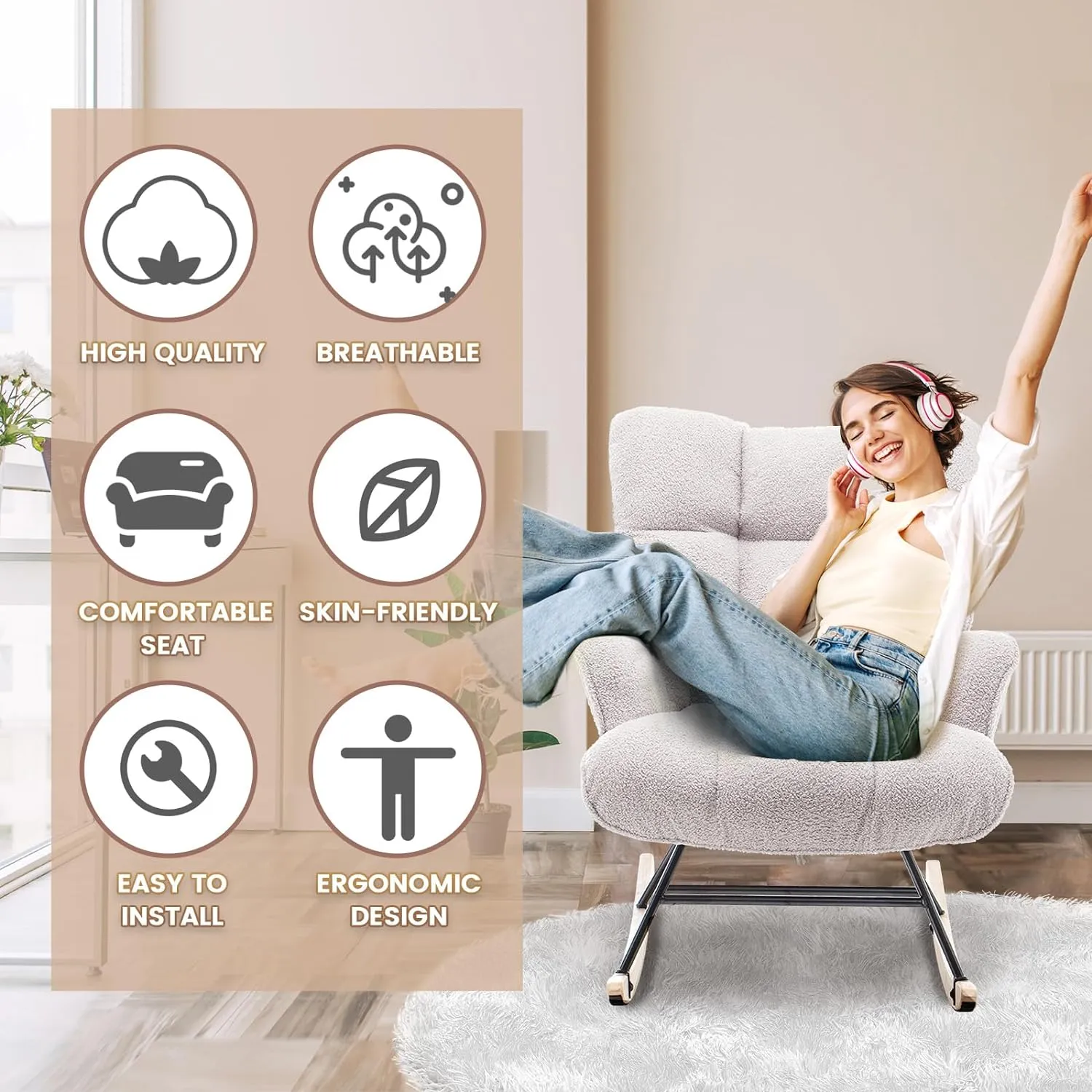 Rocking Chair Nursery Teddy, Upholstered Baby Fluffy Glider Rocker for Adults Small Spaces Indoor, Comfy Sherpa Compact Nursing Chairs for Living Room, Bedroom, Classroom, Grey