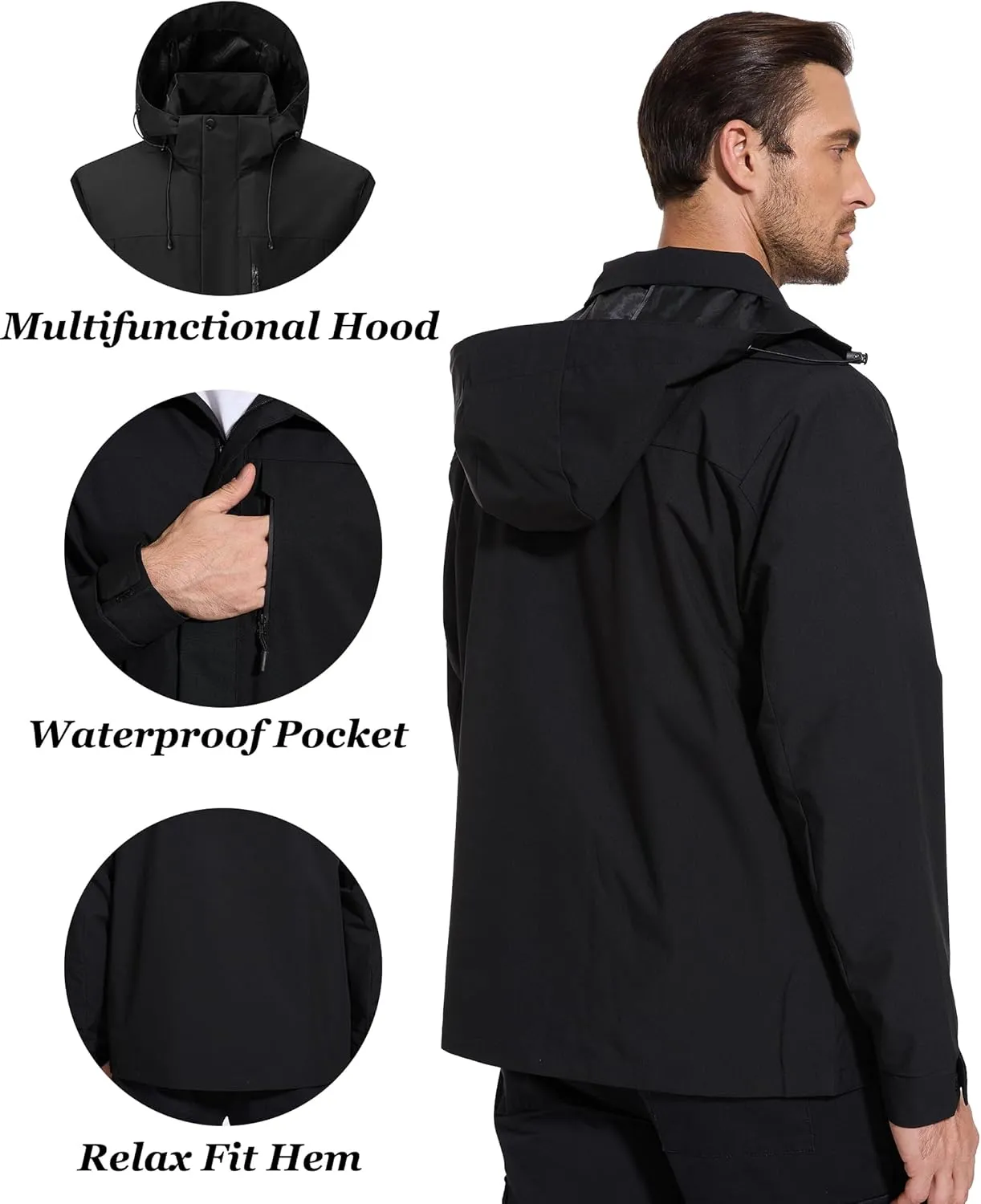 romansong 10000mm H2O Waterproof Rain Jacket Windproof Soft Shell Raincoat Windbreaker with Removable Hood