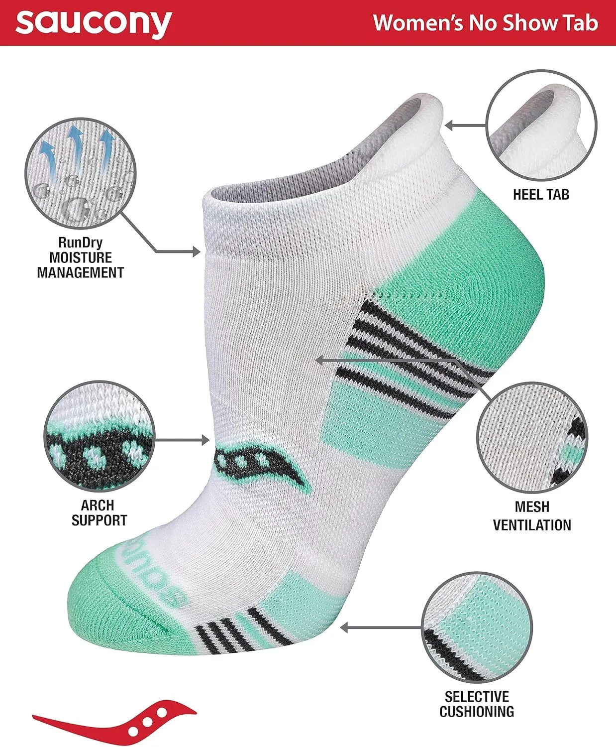 Saucony Women's Rundry Performance Heel Tab Athletic Socks, Available in S-l (8, 16, 24 Pairs)