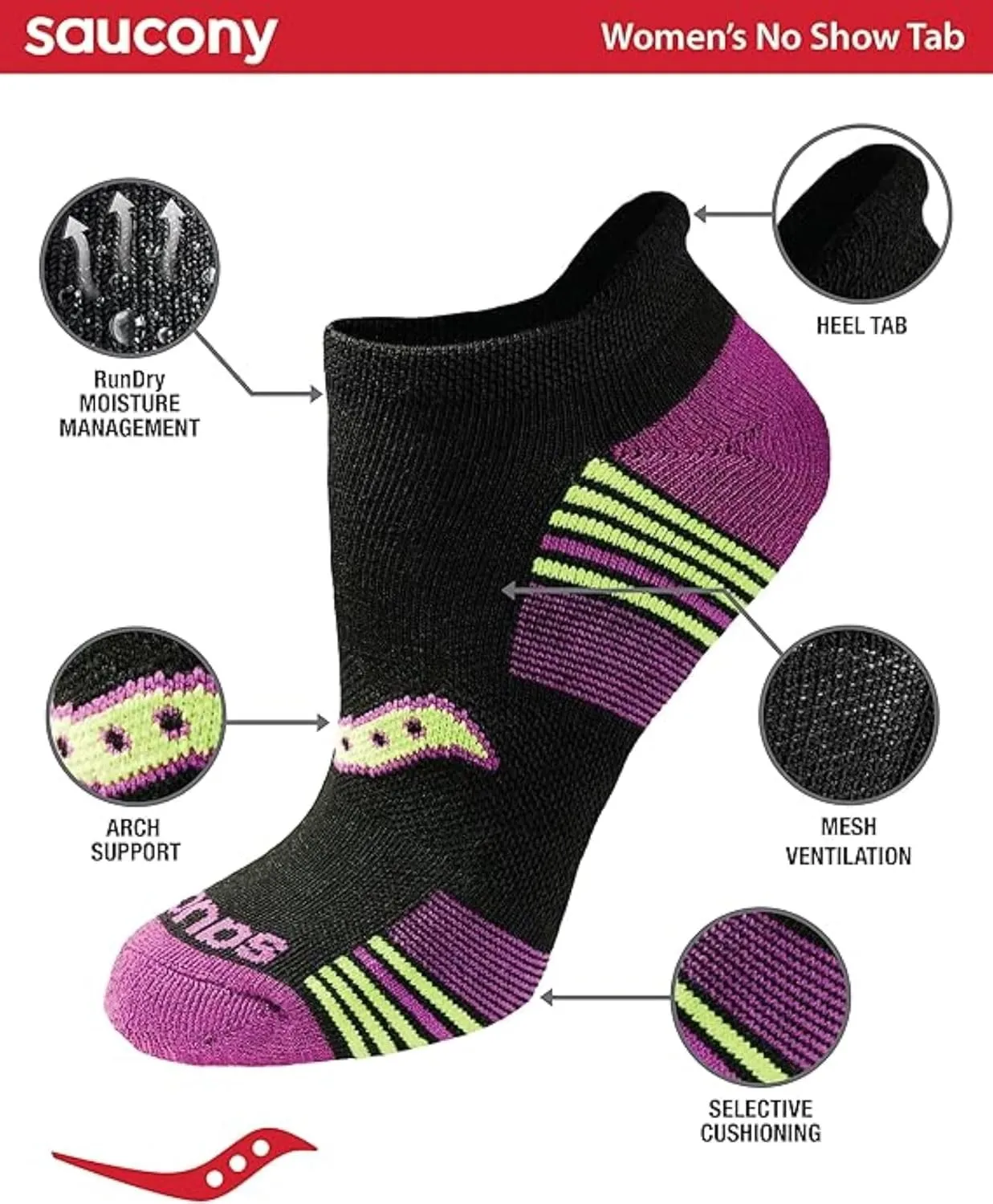 Saucony Women's Rundry Performance Heel Tab Athletic Socks, Available in S-l (8, 16, 24 Pairs)