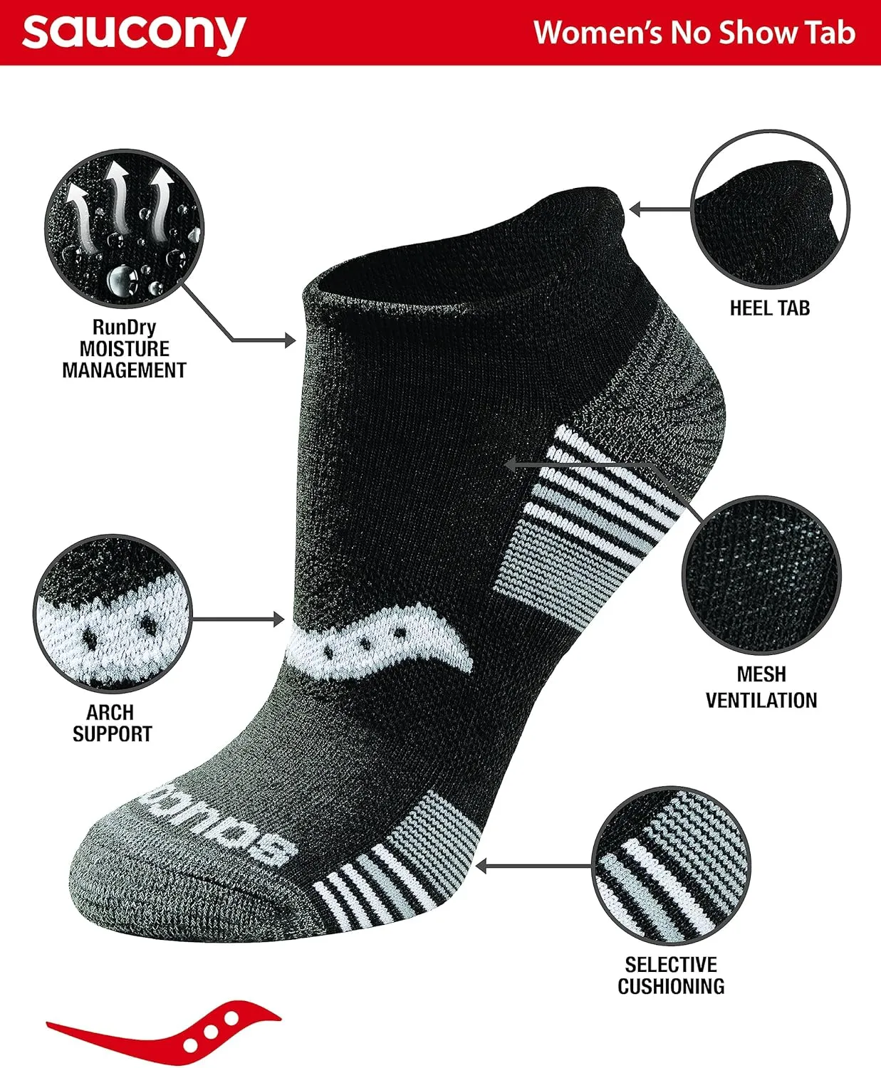 Saucony Women's Rundry Performance Heel Tab Athletic Socks, Available in S-l (8, 16, 24 Pairs)