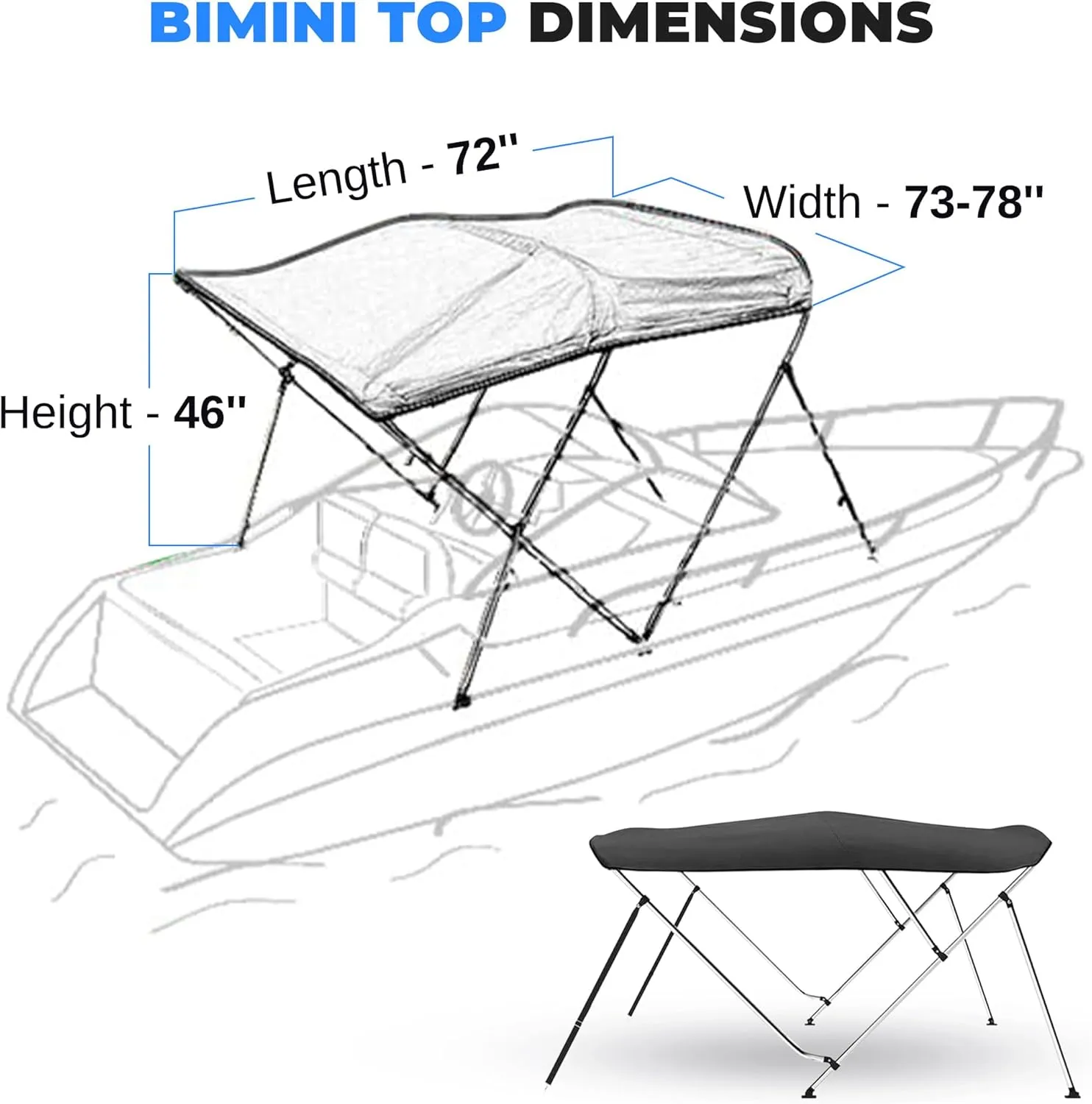 SereneLife 3 Bow Bimini Top Boat Cover –72'' x 73-78'' x 46'', Durable 1" Aluminum Frame, Waterproof & UV-Resistant, Easy Install with Front Straps, Rear Support Arms & Free Storage Boot (Gray)