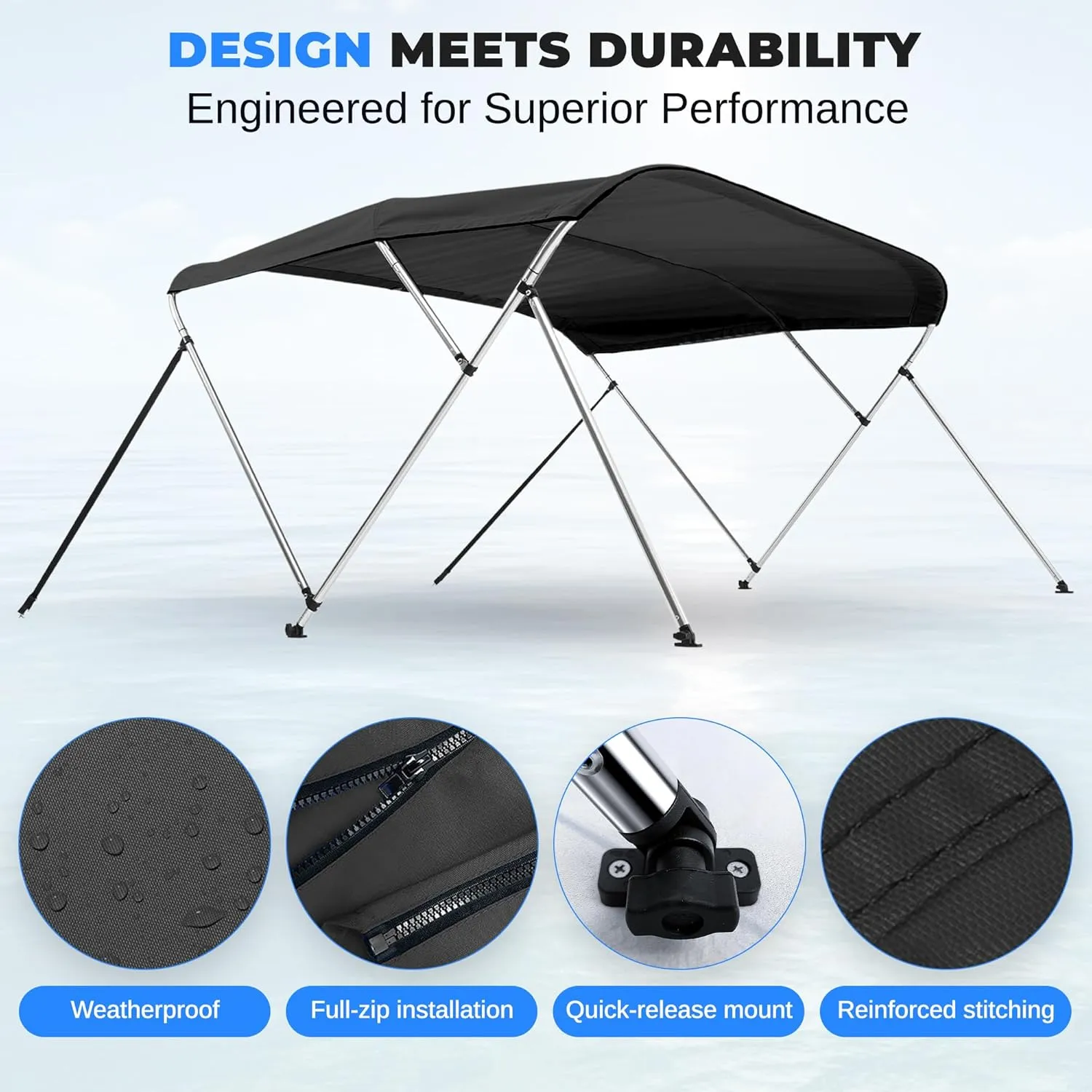 SereneLife 3 Bow Bimini Top Boat Cover –72'' x 73-78'' x 46'', Durable 1" Aluminum Frame, Waterproof & UV-Resistant, Easy Install with Front Straps, Rear Support Arms & Free Storage Boot (Gray)