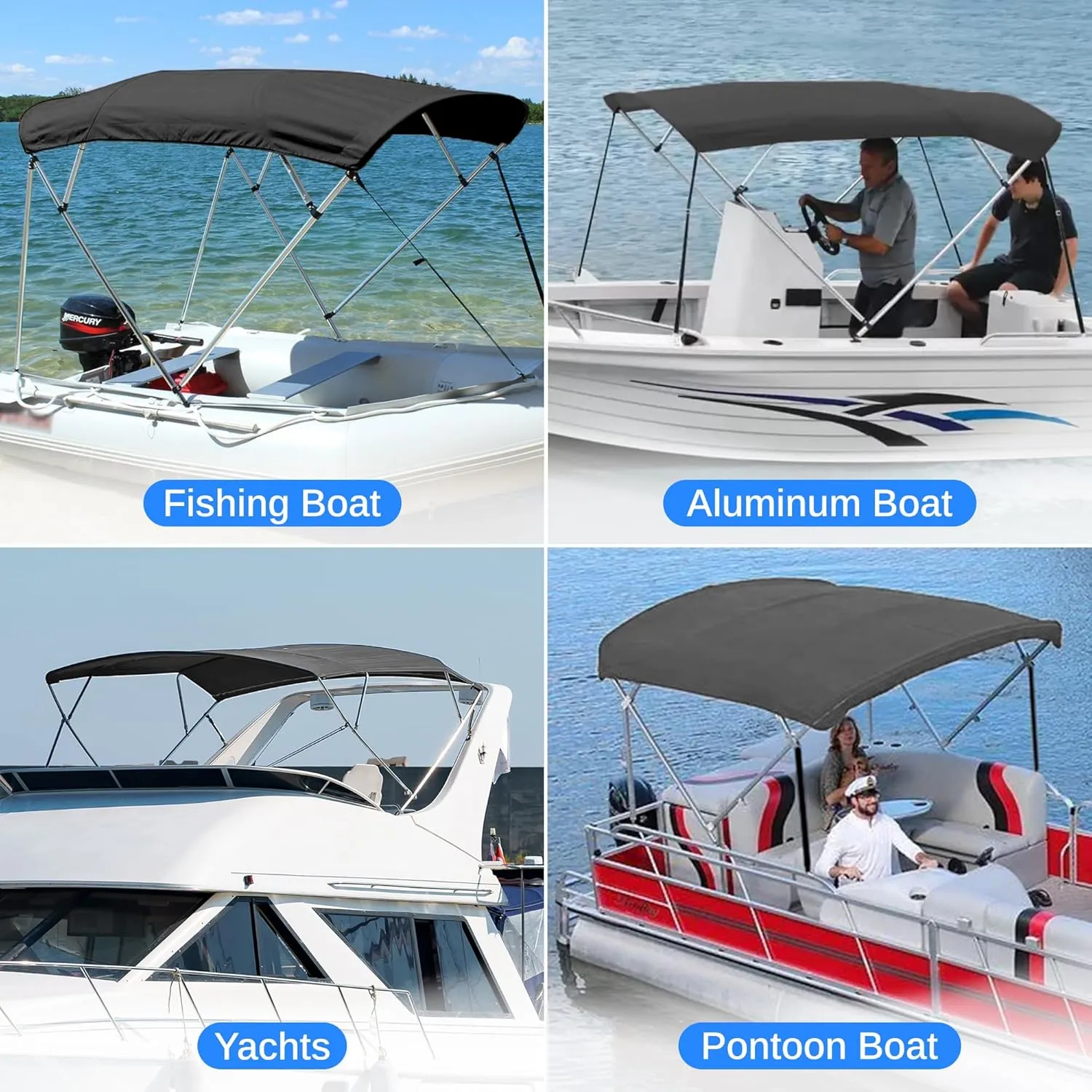 SereneLife 3 Bow Bimini Top Boat Cover –72'' x 73-78'' x 46'', Durable 1" Aluminum Frame, Waterproof & UV-Resistant, Easy Install with Front Straps, Rear Support Arms & Free Storage Boot (Gray)