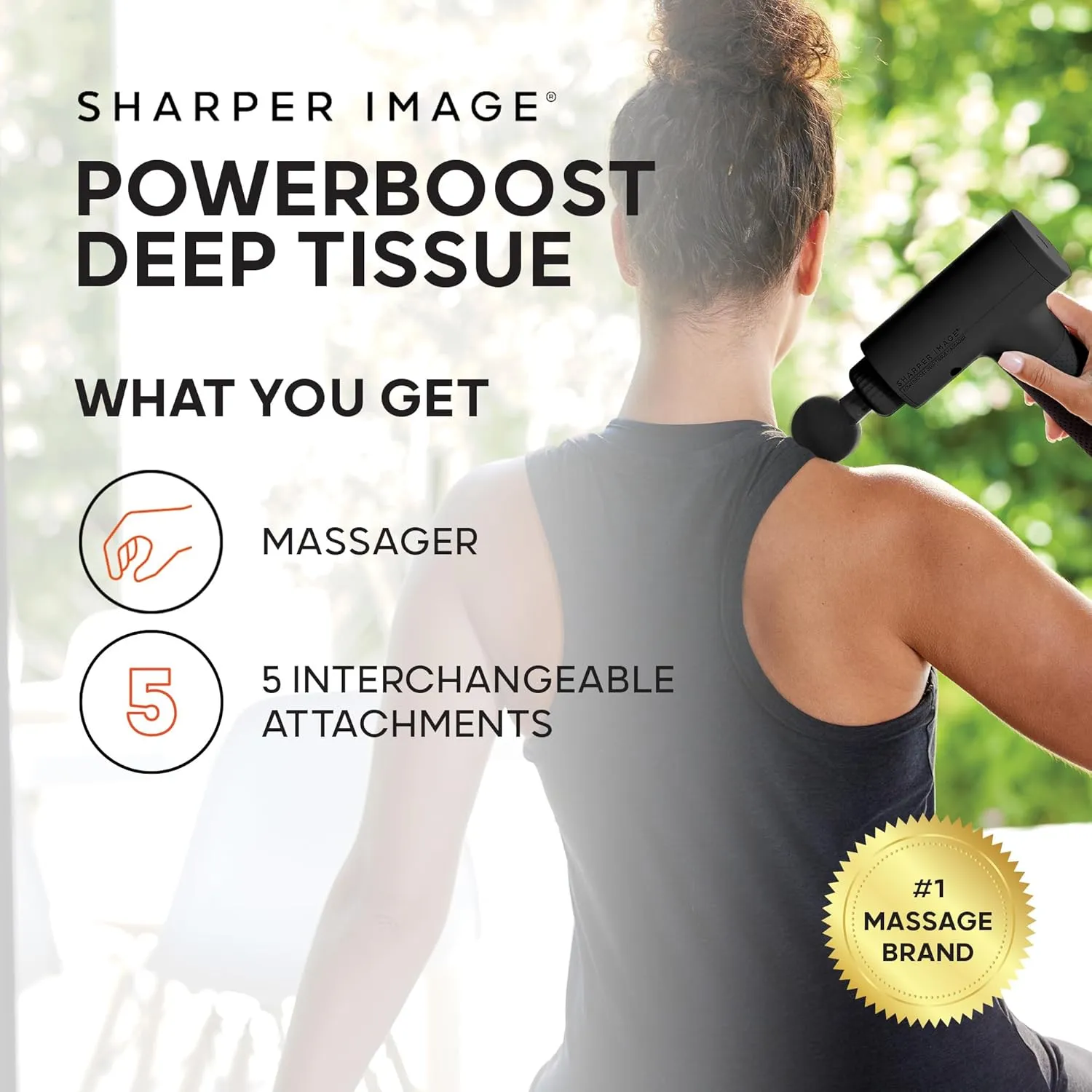 Sharper Image Powerboost Massage Gun – Targeted Muscle Recovery & Pain Relief | Quiet, Ergonomic Deep Tissue Massager | 5 Versatile Attachments & 6 Adjustable Speeds | FSA/HSA Eligible – Black