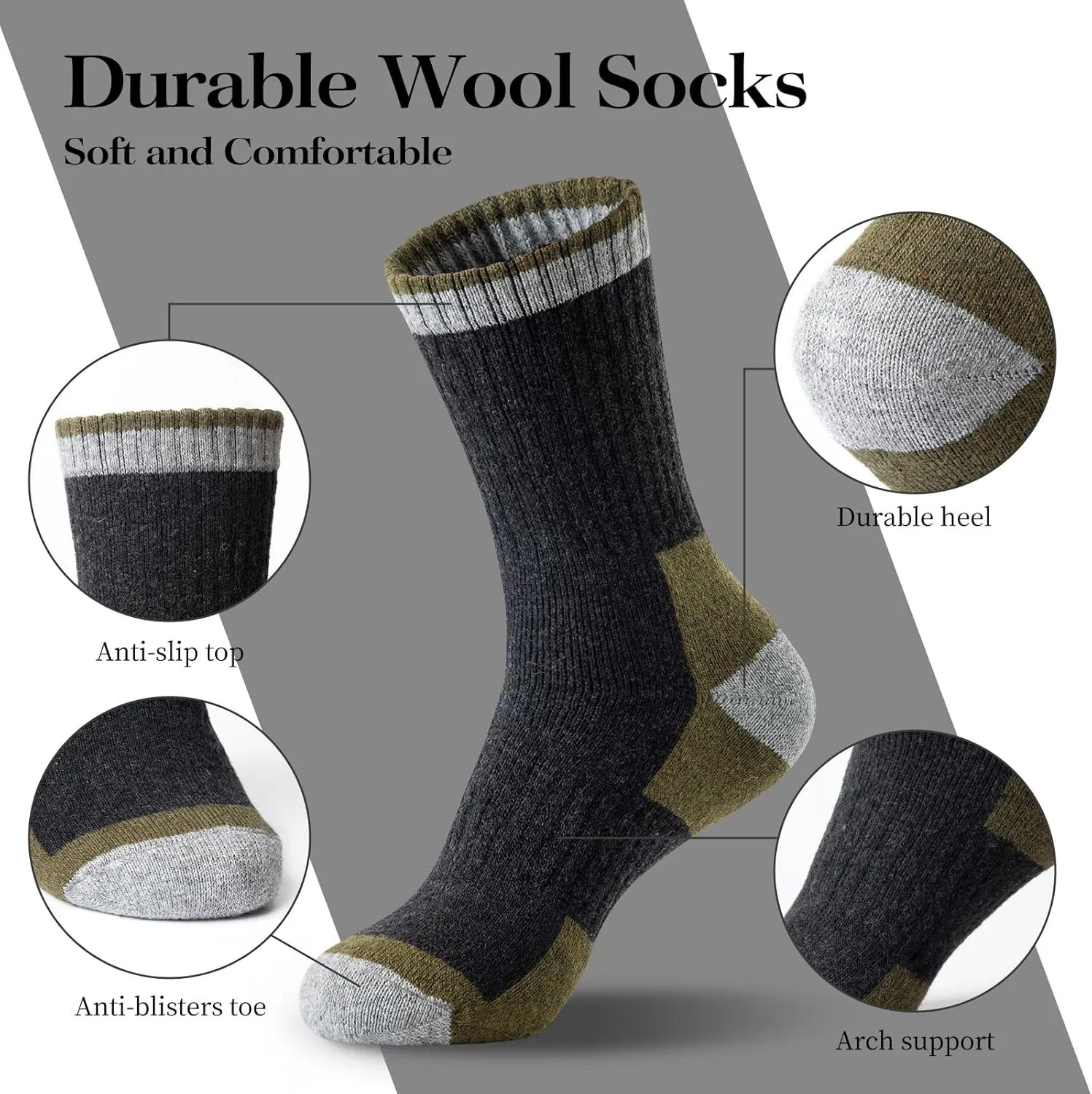 SIMIYA Merino Wool Hiking Socks for Men - 5 Pairs Thick, Warm, Thermal Winter Crew Socks for Cold Weather