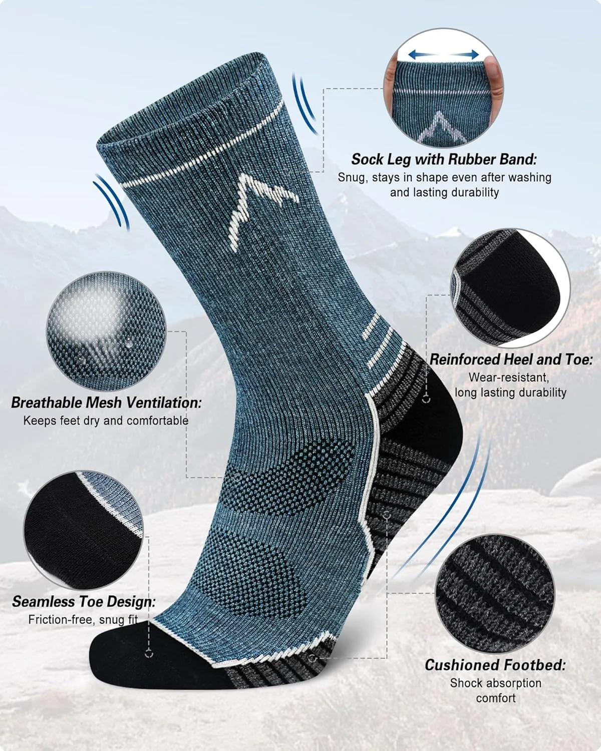 SIXDAYSOX Mens Merino Wool Hiking Socks, Moisture Wicking Cushioned Hiking Socks for Outdoor Trekking Cycling, 2 Pairs