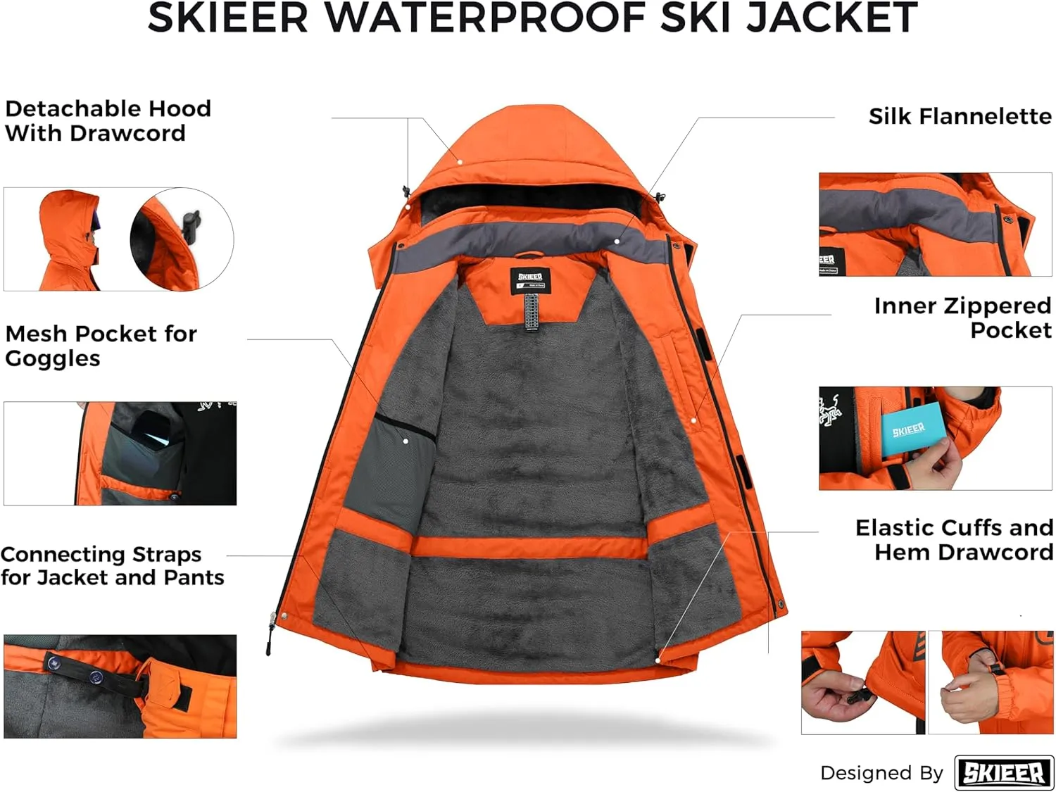 Skieer Men's Mountain Waterproof Ski Jacket Winter Rain Jacket Warm Fleece Snow Coat