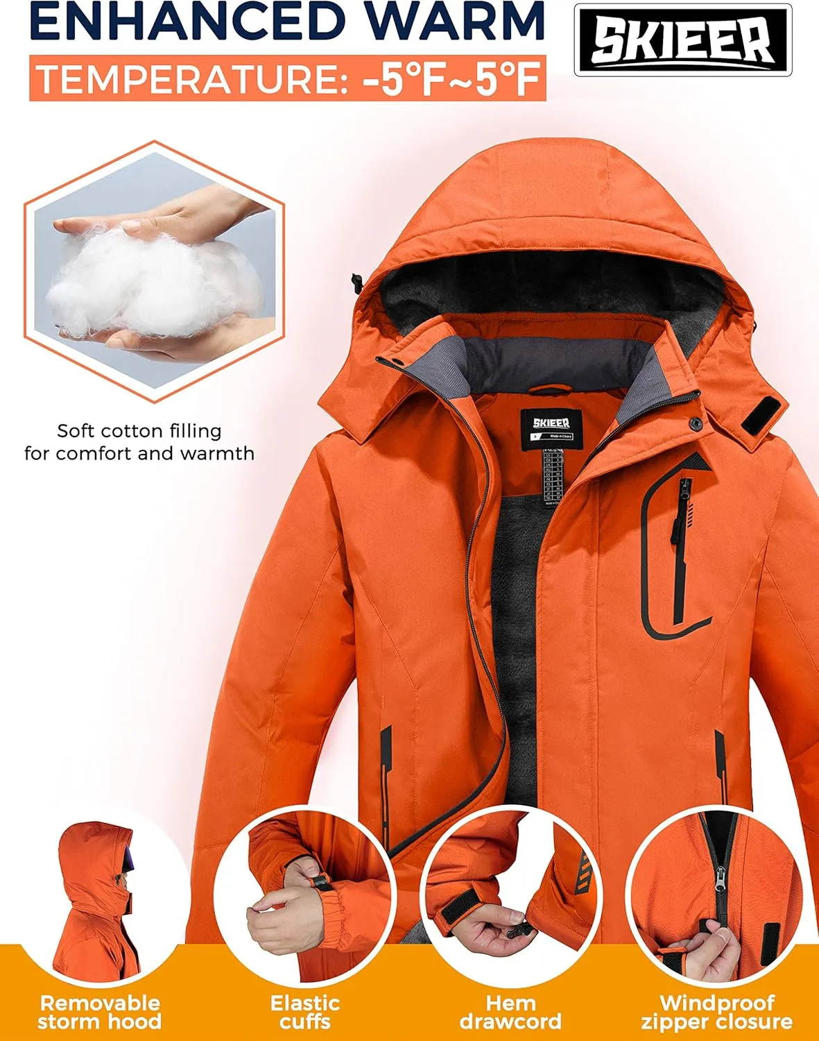 Skieer Men's Mountain Waterproof Ski Jacket Winter Rain Jacket Warm Fleece Snow Coat