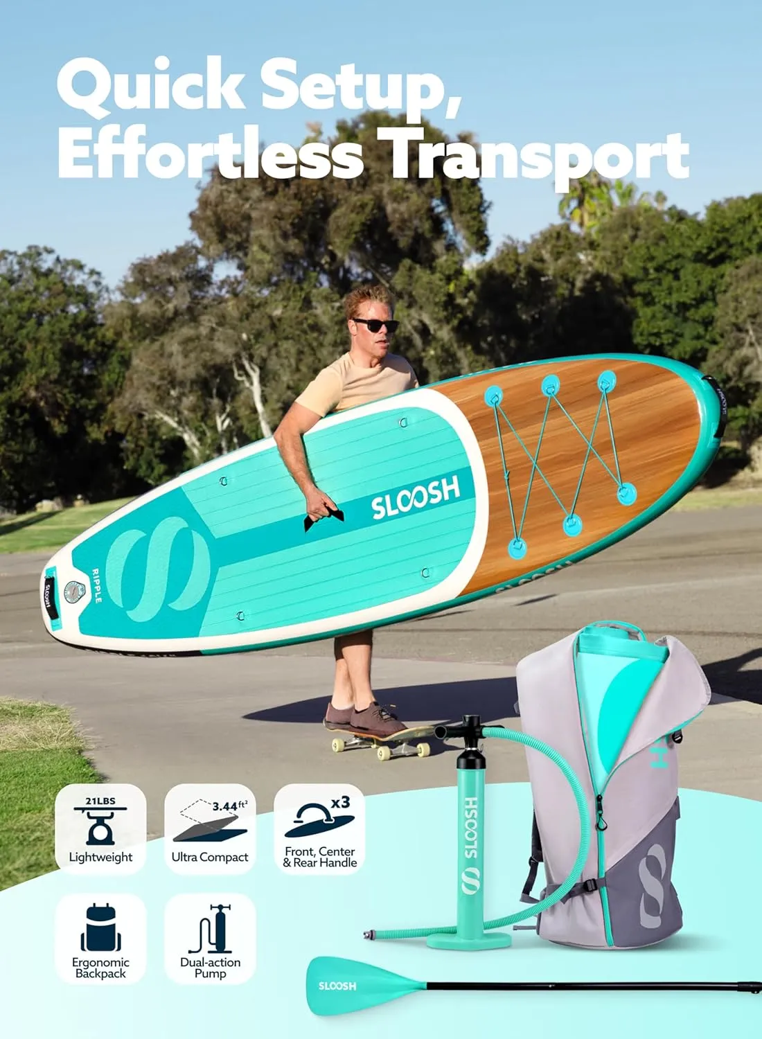 SLOOSH Inflatable Stand Up Paddle Board, 10'6" Paddle Boards with Premium Accessories, Non-Slip EVA Deck, Ultra-Light Carry Bag Pump, Ripple SUP for Youth & Adults of All Skill Levels