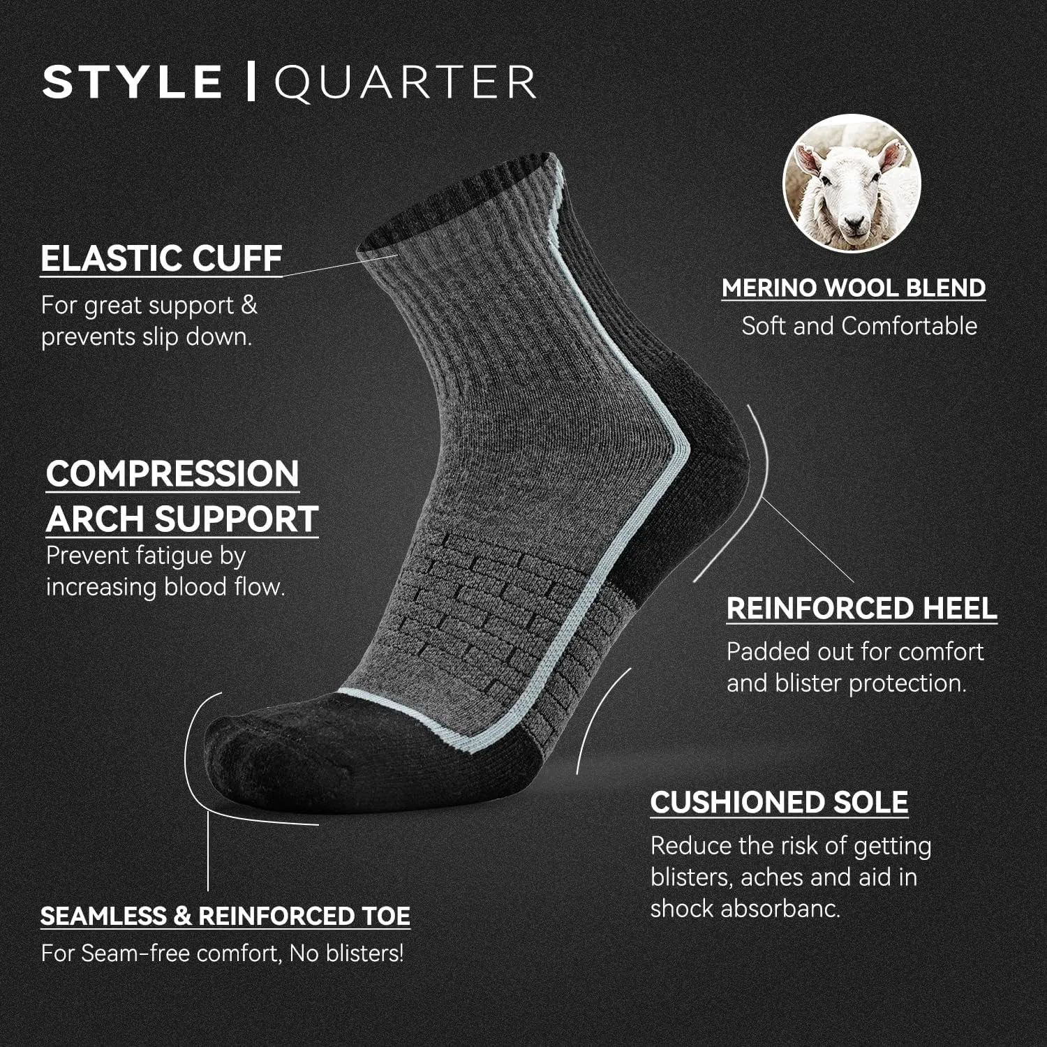 Socks Daze Merino Wool Blend Ankle Running Hiking Socks for Men Women Athletic Cushioned Quarter Walking Basketball Socks