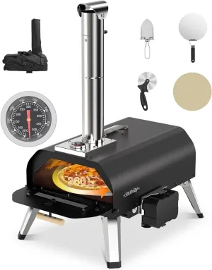 Sounday Pizza Oven Outdoor, 12" Pellet Outdoor Pizza Oven with 360°Auto Rotating Pizza Stone, Built-in Thermometer, Portable Wood Fired Pizza Maker with Pizza Cutter, Peel, Backing Paper & Carry Bag