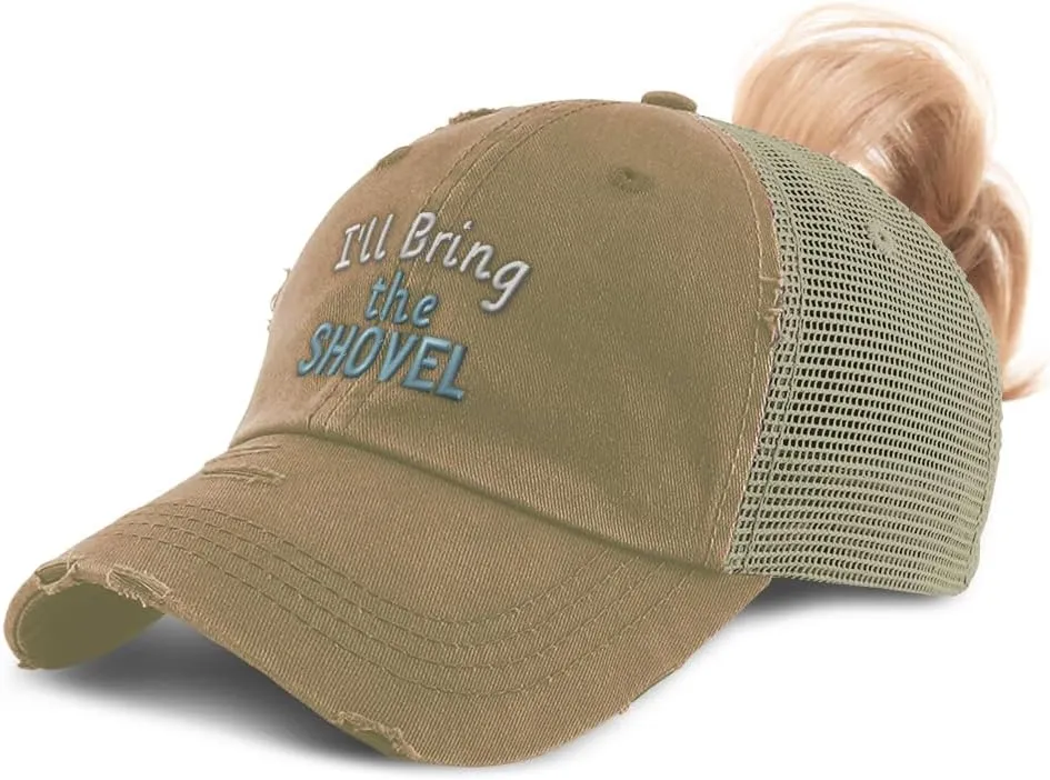 Speedy Pros Womens Ponytail Cap I'll Bring The Shovel Cotton Distressed Trucker Hats
