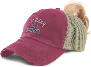 Speedy Pros Womens Ponytail Cap I'll Bring The Shovel Cotton Distressed Trucker Hats