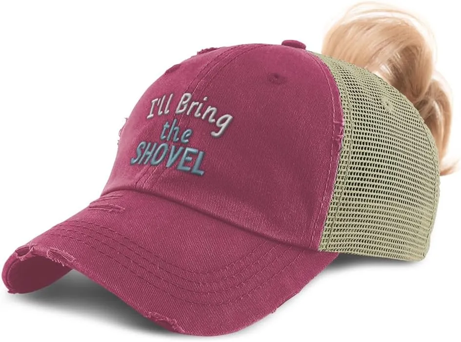 Speedy Pros Womens Ponytail Cap I'll Bring The Shovel Cotton Distressed Trucker Hats