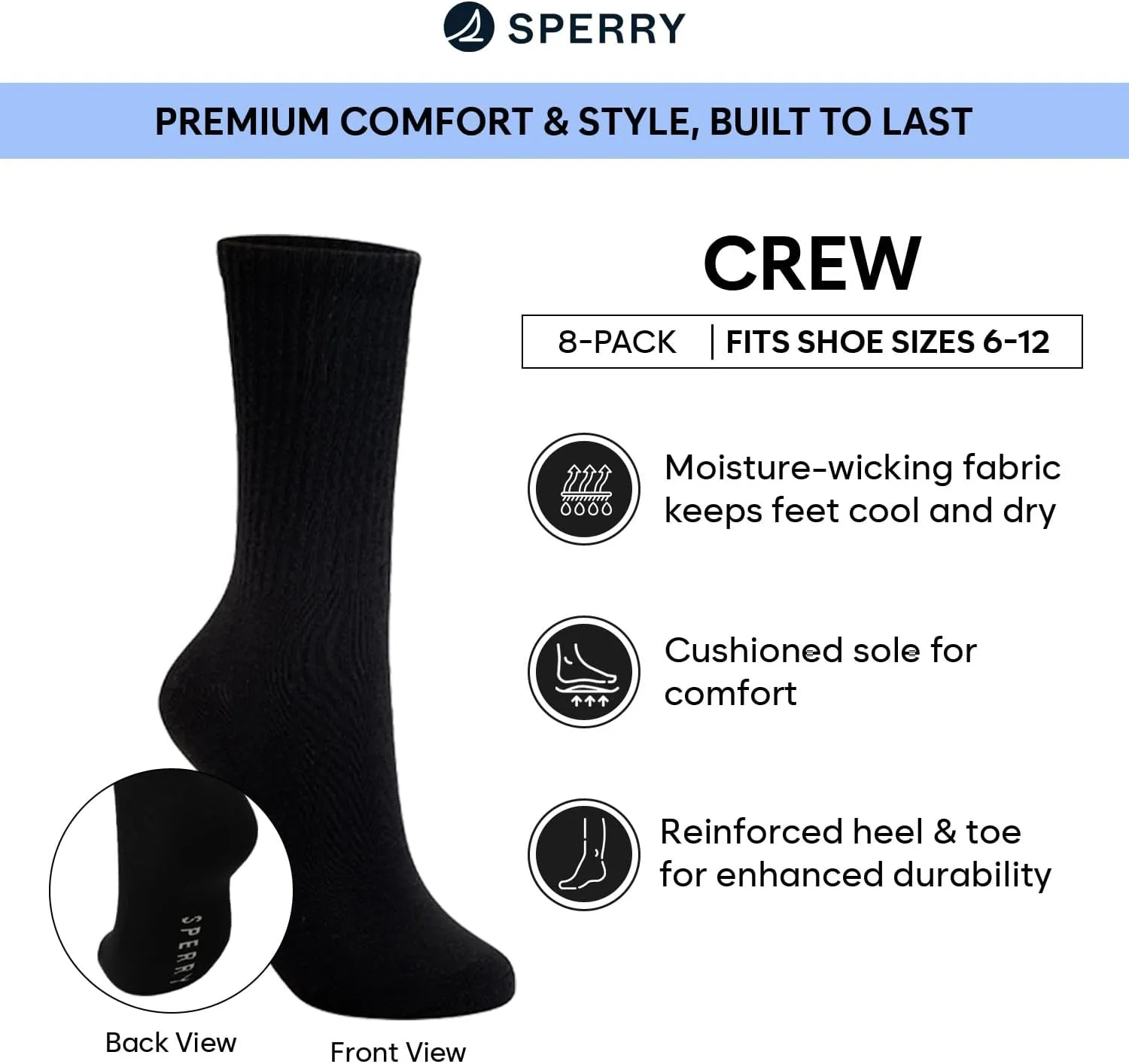 Sperry Men’s 8-Pack Cushion Comfort Crew Socks - Moisture-Wicking Athletic Socks –White Crew Socks for Everyday or Sports Use