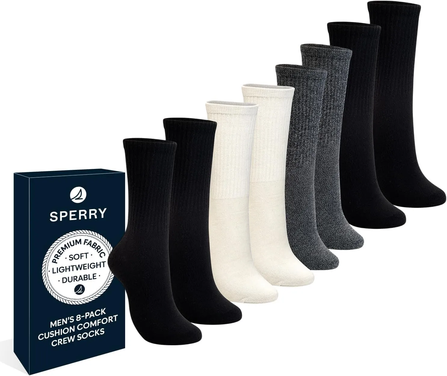 Sperry Men’s 8-Pack Cushion Comfort Crew Socks - Moisture-Wicking Athletic Socks –White Crew Socks for Everyday or Sports Use