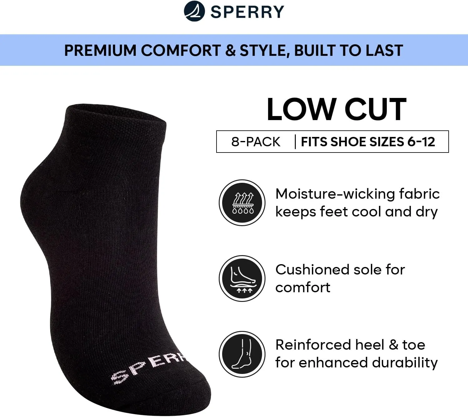 Sperry Men’s 8-Pack Cushion Comfort Low Cut Ankle Socks - Breathable Moisture-Wicking Athletic Low Cut Socks for Everyday Use