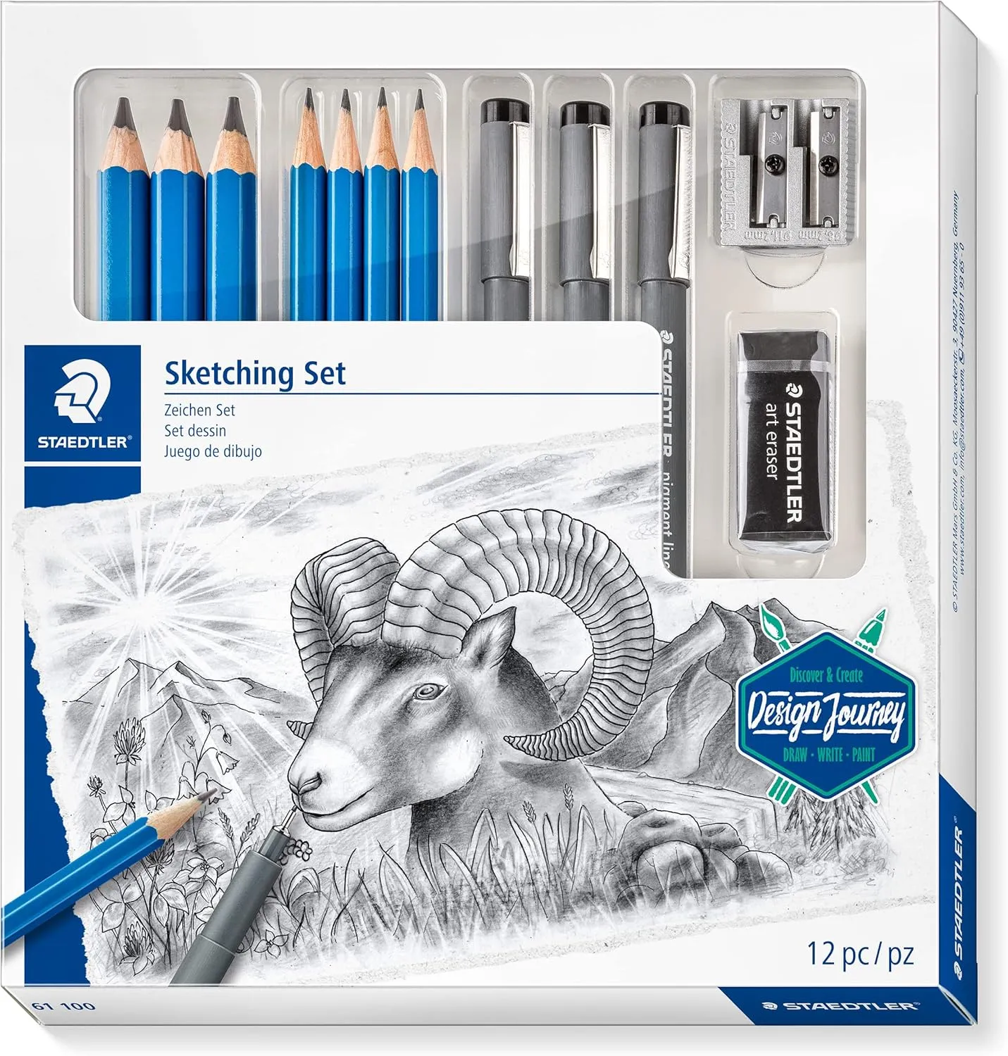 Staedtler Mars Lumograph Art Set | Drawing Kit with Art Pencils, Drawing Pens, Eraser and Double Hole Sharpener (61 100)