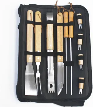 Stainless Steel Barbecue Tool Set, Outdoor Barbecue Clip Brush Fork Shovel, Ox Cloth Storage, Multi-Function Barbecue Combination, Portable Barbecue Accessories (White-Fruit peach5)
