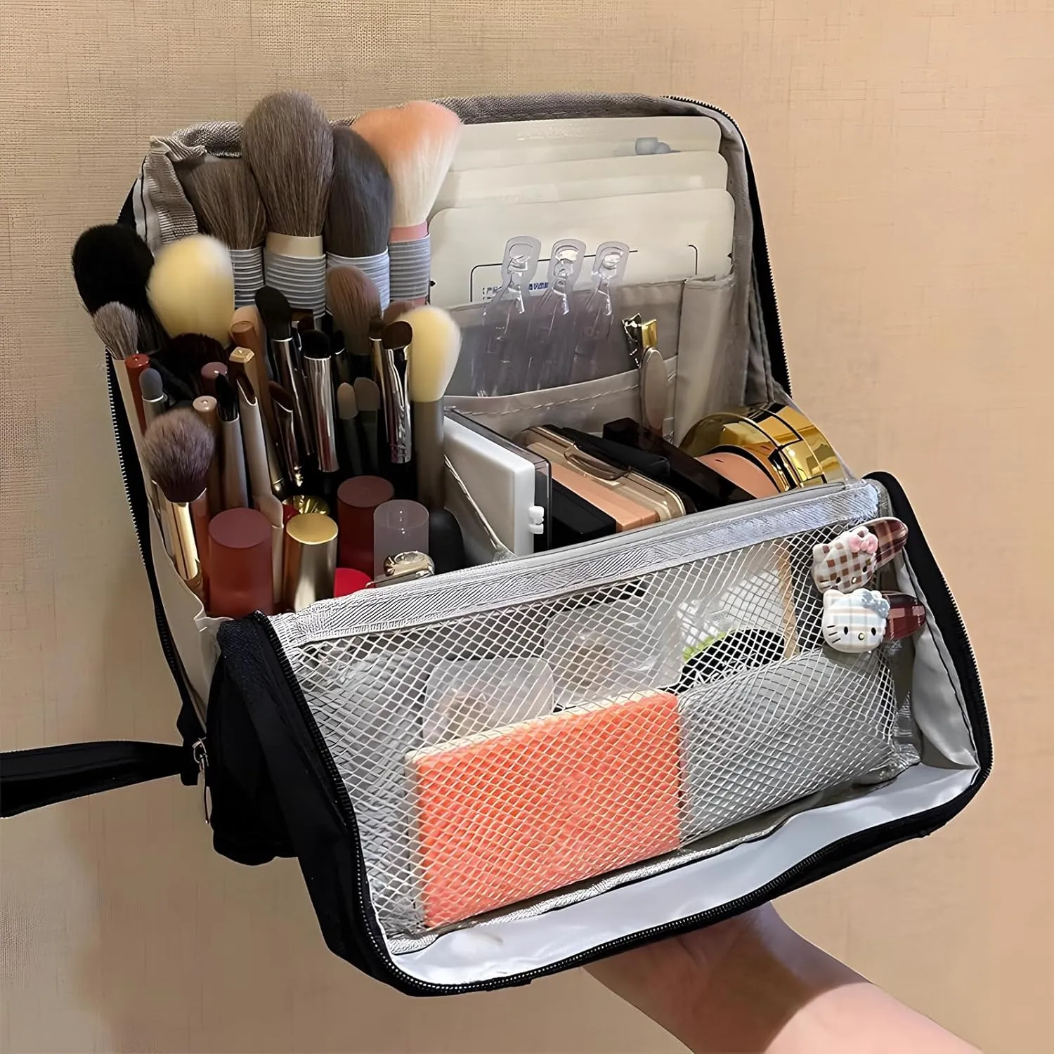 Standing Makeup Bag, Portable Multi Purpose Large Capacity with Room for Brushes and Mirror, Travel Makeup Organizer, Make Up Case, Waterproof Cosmetic Toiletry Bags with Handle (Purple)
