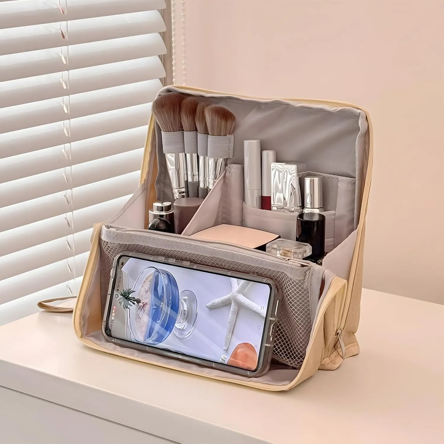 Standing Makeup Bag, Portable Multi Purpose Large Capacity with Room for Brushes and Mirror, Travel Makeup Organizer, Make Up Case, Waterproof Cosmetic Toiletry Bags with Handle (Purple)