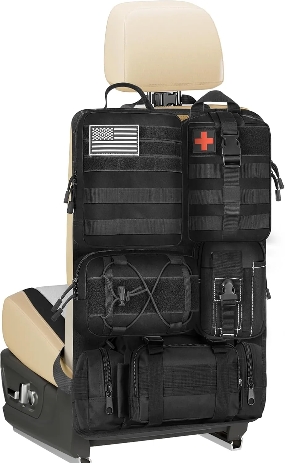 SURDOCA Tactical Backseat Car Organizer with 5 Detachable MOLLE Pouches, 1000D Oxford Hanging Storage Panel for Car Truck SUV, Modular EDC Gear Holder with Hook-and-Loop Patches